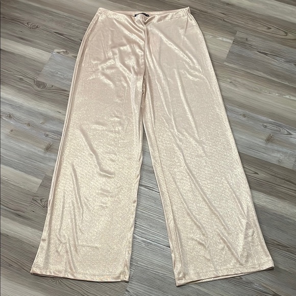 Zara Gold Shimmer Wide Leg Pants Pull on Womens M Flowy Lightweight Stretchy NWT - Picture 2 of 12